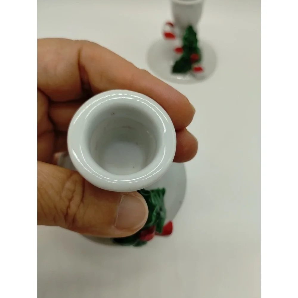 Set Of 2 Christmas Candlesticks Candy Cane Mistletoe White 2.5
